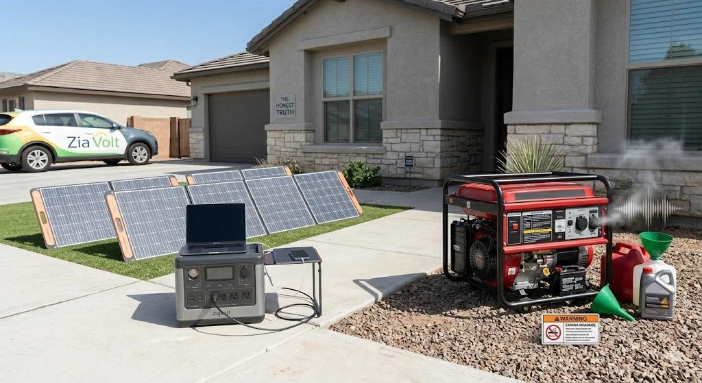 A residential driveway with solar panels, a portable generator, and gas cans. A sign on the house reads 'The Honest Truth.'