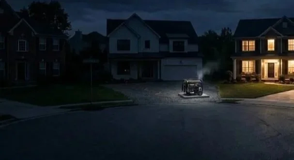 A suburban house with outdoor porch lighting at night, a driveway with a trailer, and neighboring houses.