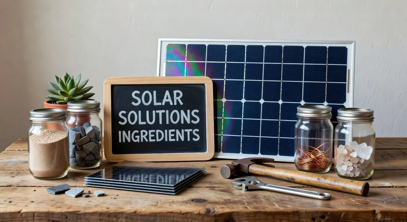 Solar panel, jars with stones, copper wire, hammer, wrenches, small solar cells, potted plant, and a chalkboard sign that reads 'Solar Solutions Ingredients' on a wooden table.