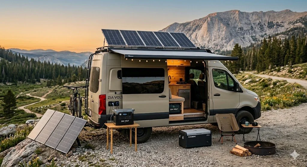 A camper van with solar panels set up in a mountainous outdoor area during sunset, with camping supplies and a bicycle attached to the back.