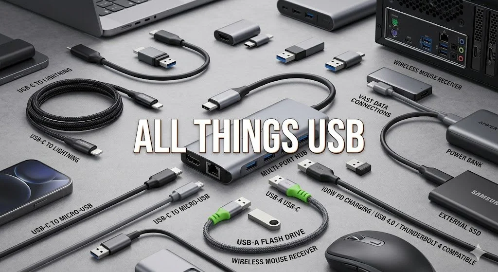Various USB devices and cables arranged on a gray surface with the text 'All Things USB' in the center.