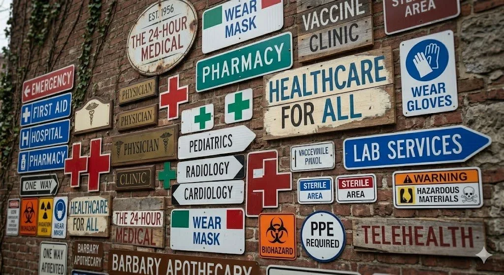 Various healthcare and medical signage on a brick wall, including signs for pharmacy, hospital, first aid, pediatrics, radiology, cardiology, lab services, warning about hazardous materials, PPE required, and telehealth.