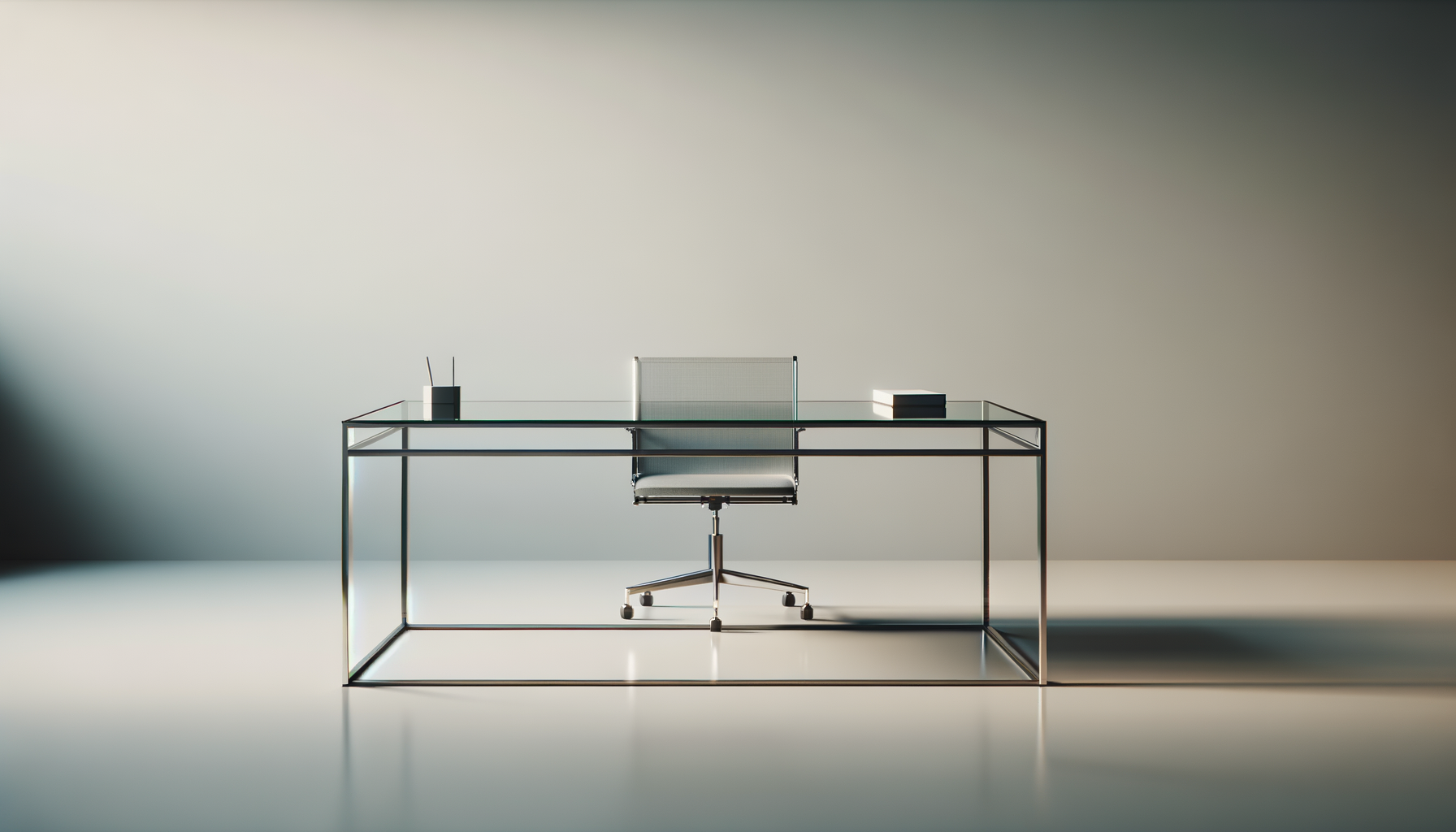 Modern glass desk with a mesh office chair, two black books, a black pen holder, and a single vertical black bar, set against a neutral wall.