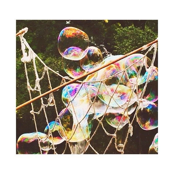A photograph of soap bubbles floating above a net outdoors with trees in the background.