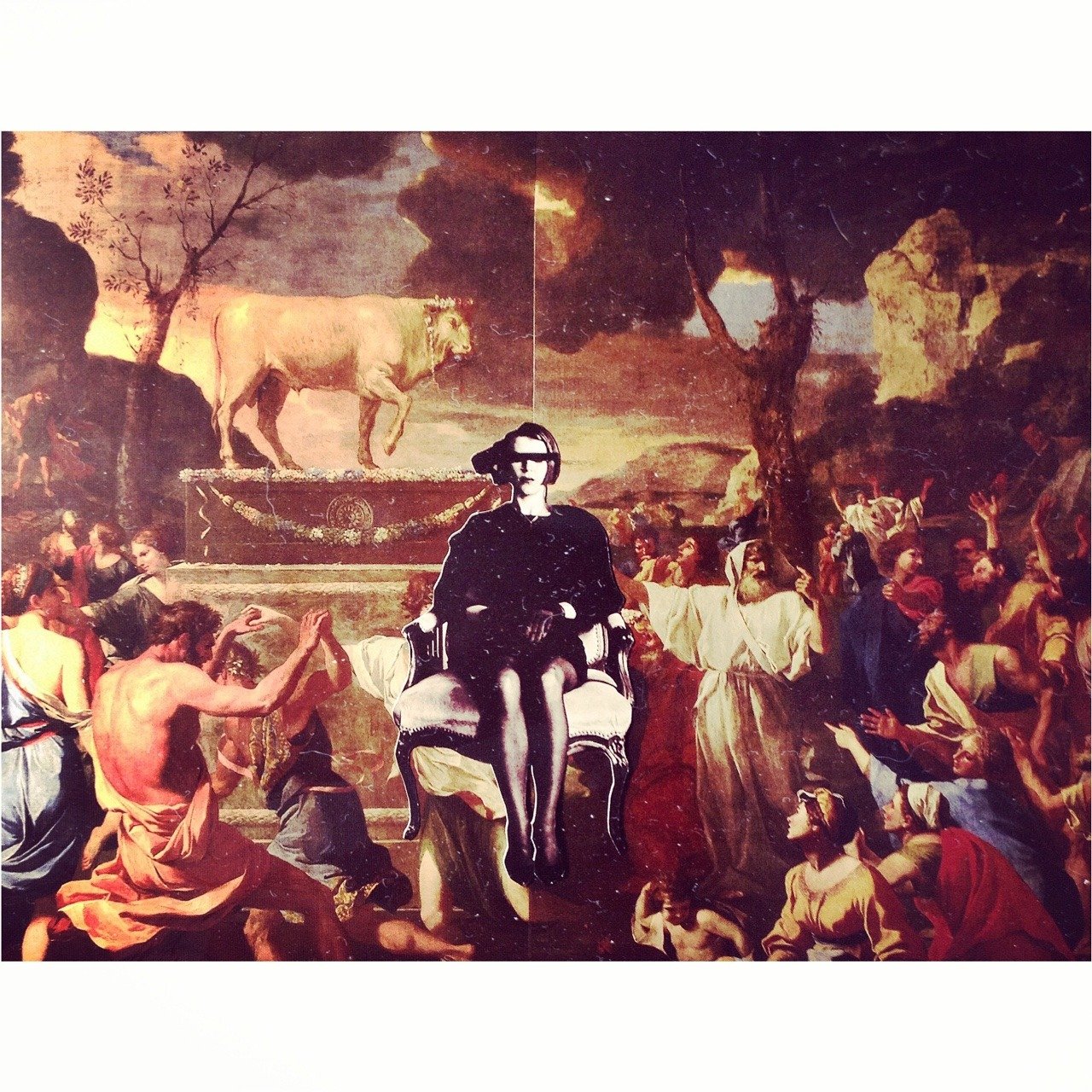 A collage featuring a classical painting with numerous people, a lion on a pedestal, and a modern woman in black sitting in a chair in front of the mural.