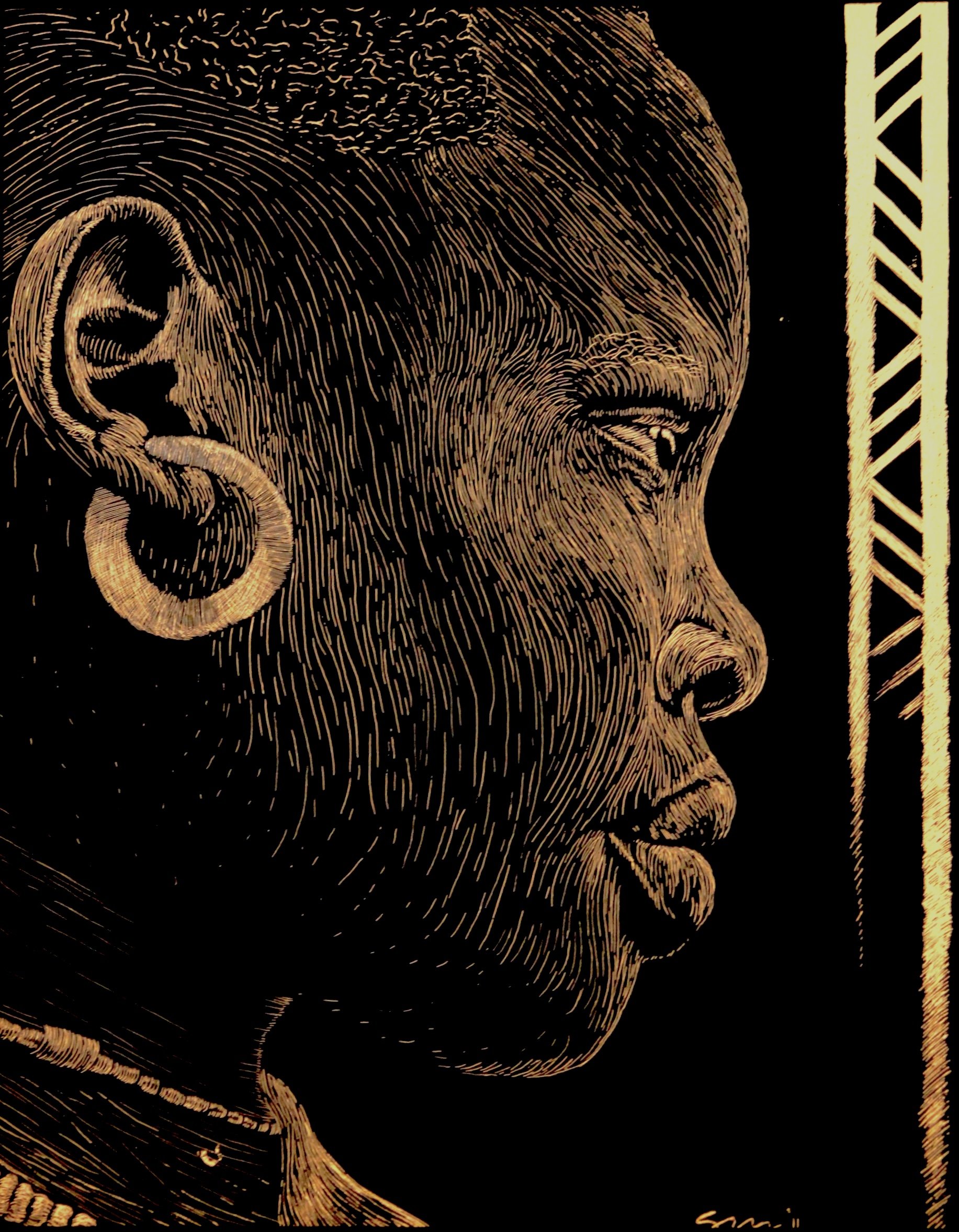 Etching of a young African girl on copper.