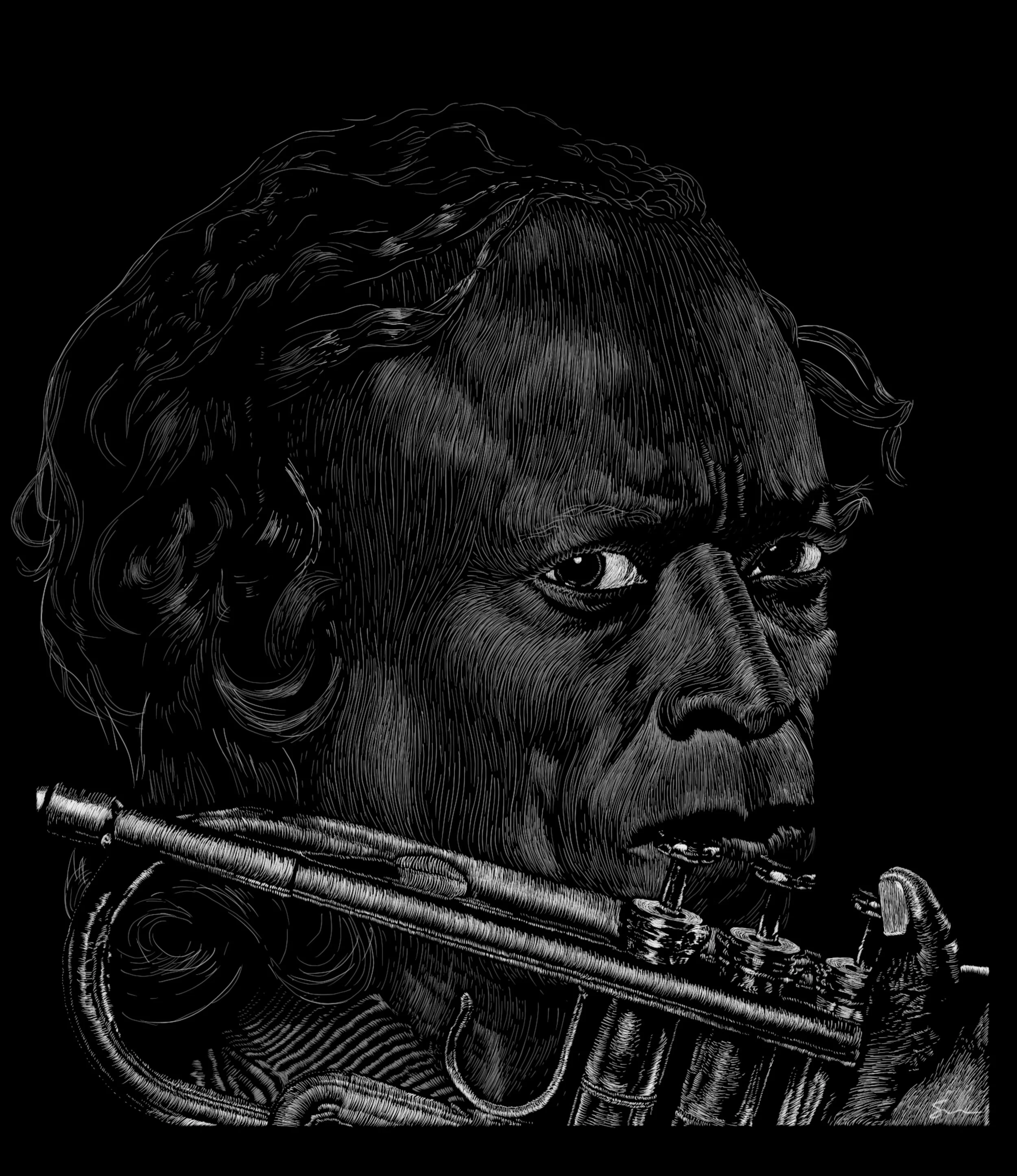 Digital rendering of Miles Davis, the famous jazz musicians.
