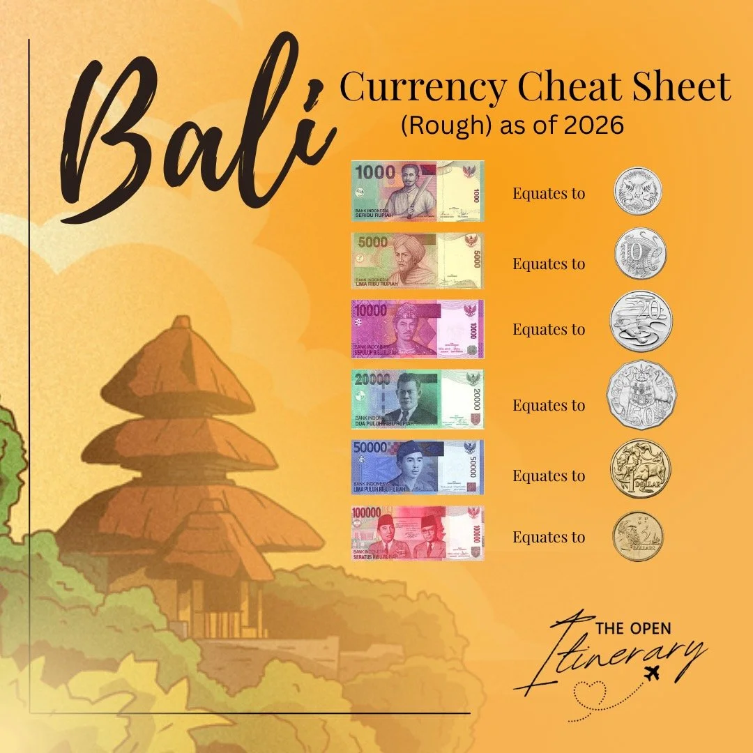Bali money made simple 

If you&rsquo;ve ever landed in Bali and immediately felt personally attacked by all the zeroes on the notes&hellip; same 

This quick Bali currency cheat sheet is here to make spending in Indonesian Rupiah (IDR) a whole lot e