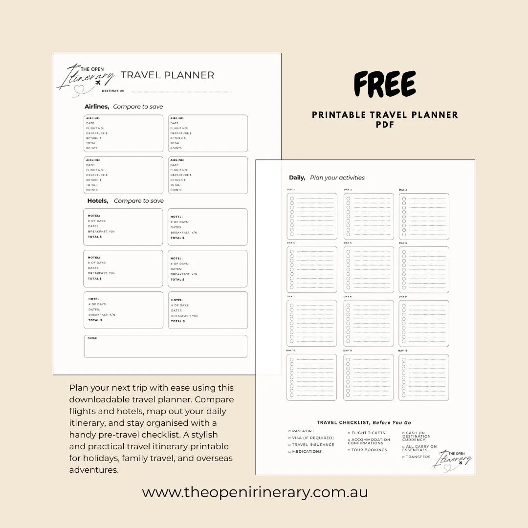 Planning a trip? Don&rsquo;t do it without this 
Grab your FREE Travel Planner + Carry-On Checklist Bundle and organise your entire trip from start to finish. This powerful combo includes a printable travel itinerary planner to map out flights, hotel