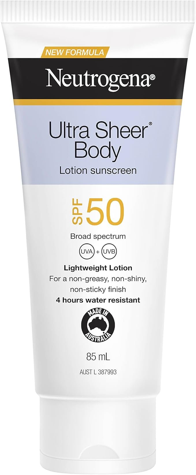 A tube of Neutrogena Ultra Sheer Body Lotion with SPF 50 broad spectrum sunscreen, lightweight formula, made in Australia, 85 mL, for non-greasy, non-shiny, non-sticky skin, water resistant for 4 hours.