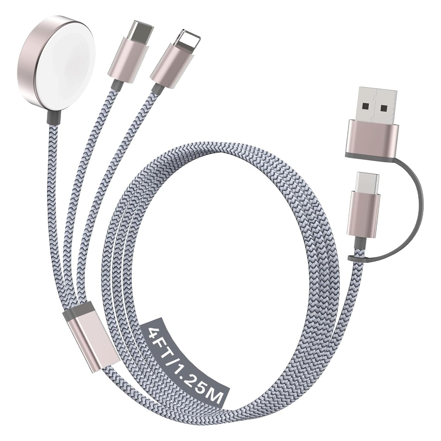 A 4-foot, 1.25-meter gray braided USB charging cable with multiple adapters including a circular magnetic connector, USB-C, and Lightning for Apple devices, laid out on a white background.