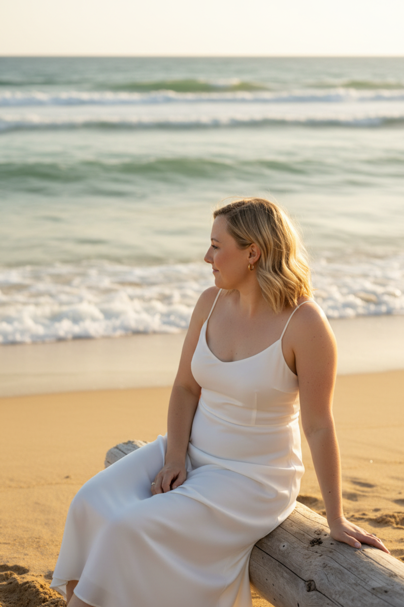 Young woman in a white dress sitting on a wooden log on the beach, looking towards the ocean during sunset.