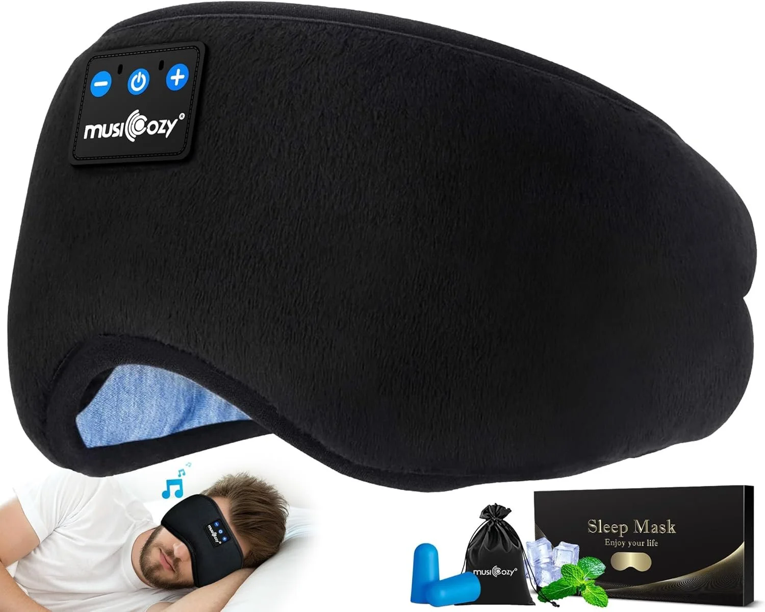 A black sleep mask with blue control buttons and a brand logo, designed for relaxing or sleeping, with additional accessories including a pair of blue earplugs, a small black drawstring bag, and a black box labeled "Sleep Mask" with herbal and ice imagery.