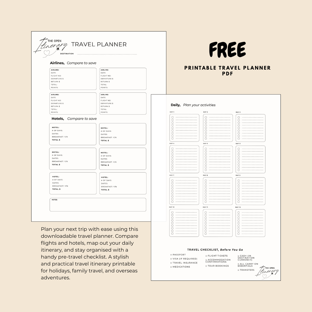 A printable travel planner with sections for flights, hotels, activities, a checklist, and travel notes, featuring black text on white background with a beige border and the word 'FREE' in bold.