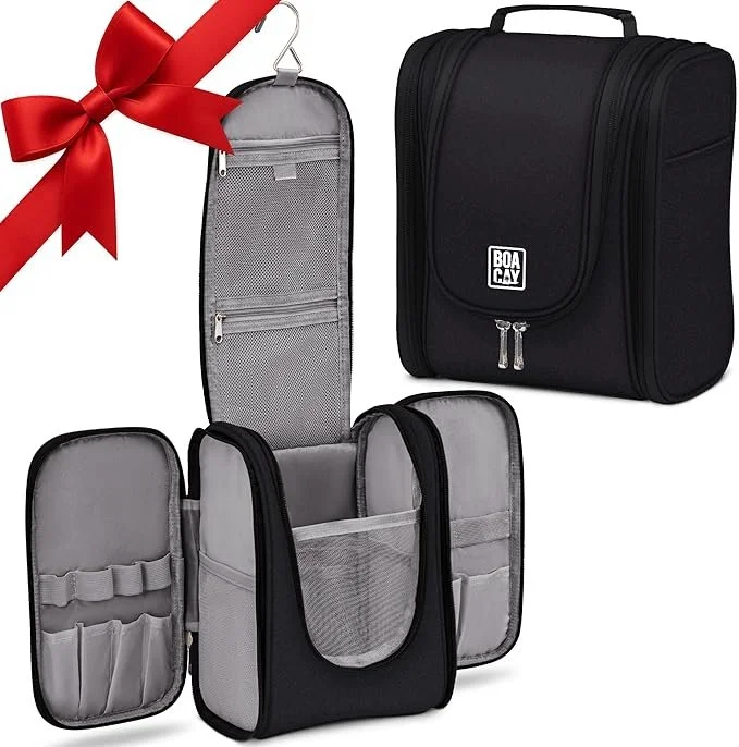 Travel organizer bags set, including a large black carried bag, a multi-compartment storage bag with a handle, and hanging toiletry organizer with multiple pockets, all designed for travel storage.