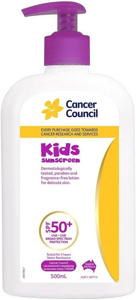 A white bottle of Kids Sunscreen with a purple pump dispenser, labeled with Cancer Council branding, SPF 50+ broad spectrum protection, and made in Australia.