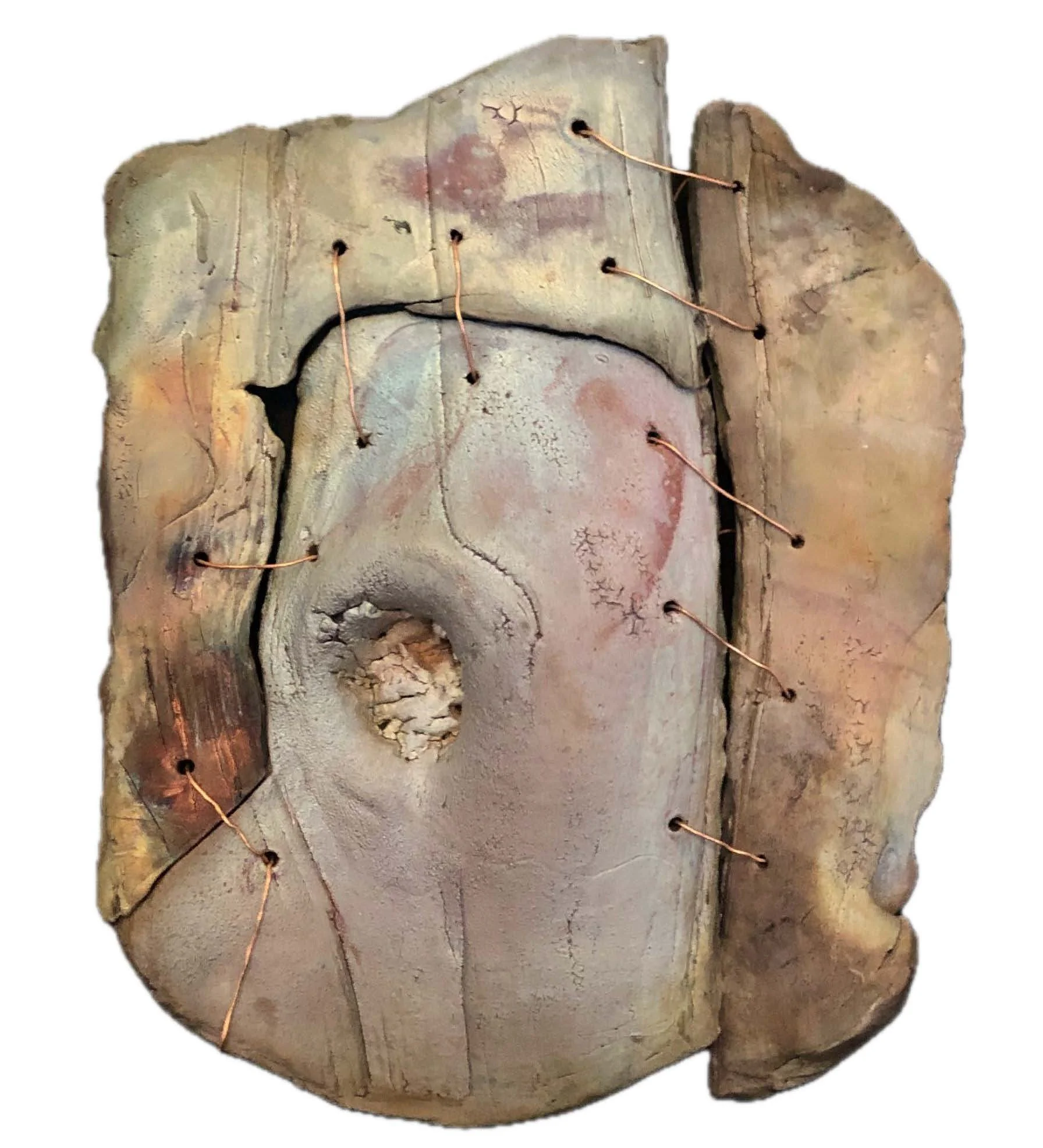 Details: "Tree bark #3" | 2024 | Raku fired ceramic, copper wire | 10" x 10" x 1"