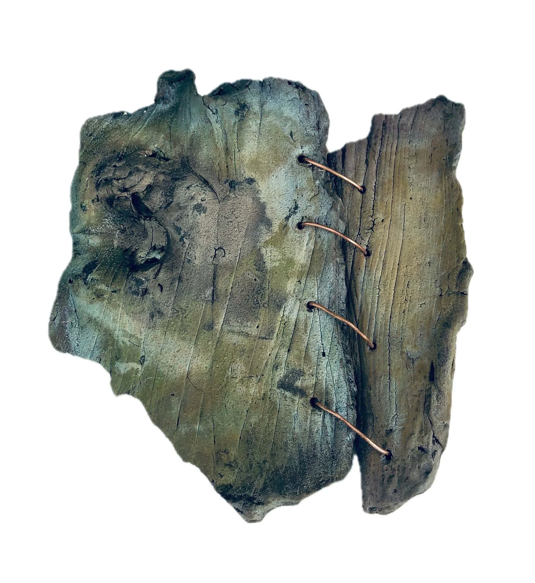 Details: "Tree bark #1" | 2024 | Raku fired ceramic, copper wire | 10" x 9" x 1"
