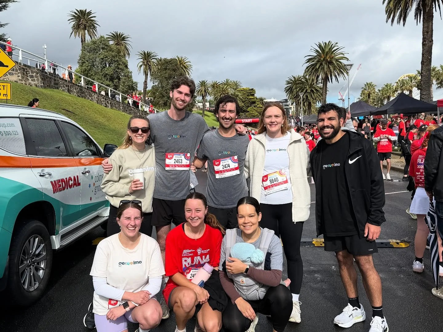 Team GeRUNimo braving the rain for @run4geelong 🏃&zwj;♂️🏃&zwj;♀️🏃🏃&zwj;♂️🏃&zwj;♀️🏃 Always a highlight of the year! 

ID: A photo of the team standing at Run4Geelong smiling at the camera.