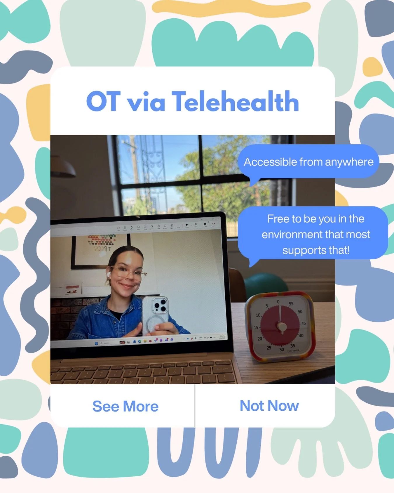 One of the best things about telehealth? You can access support from the comfort of your own home 🏡🛋️ No rushing out the door and fighting traffic, just meaningful support in a space that already works for you! 🙌

#telehealth  #OT #OccupationalThe