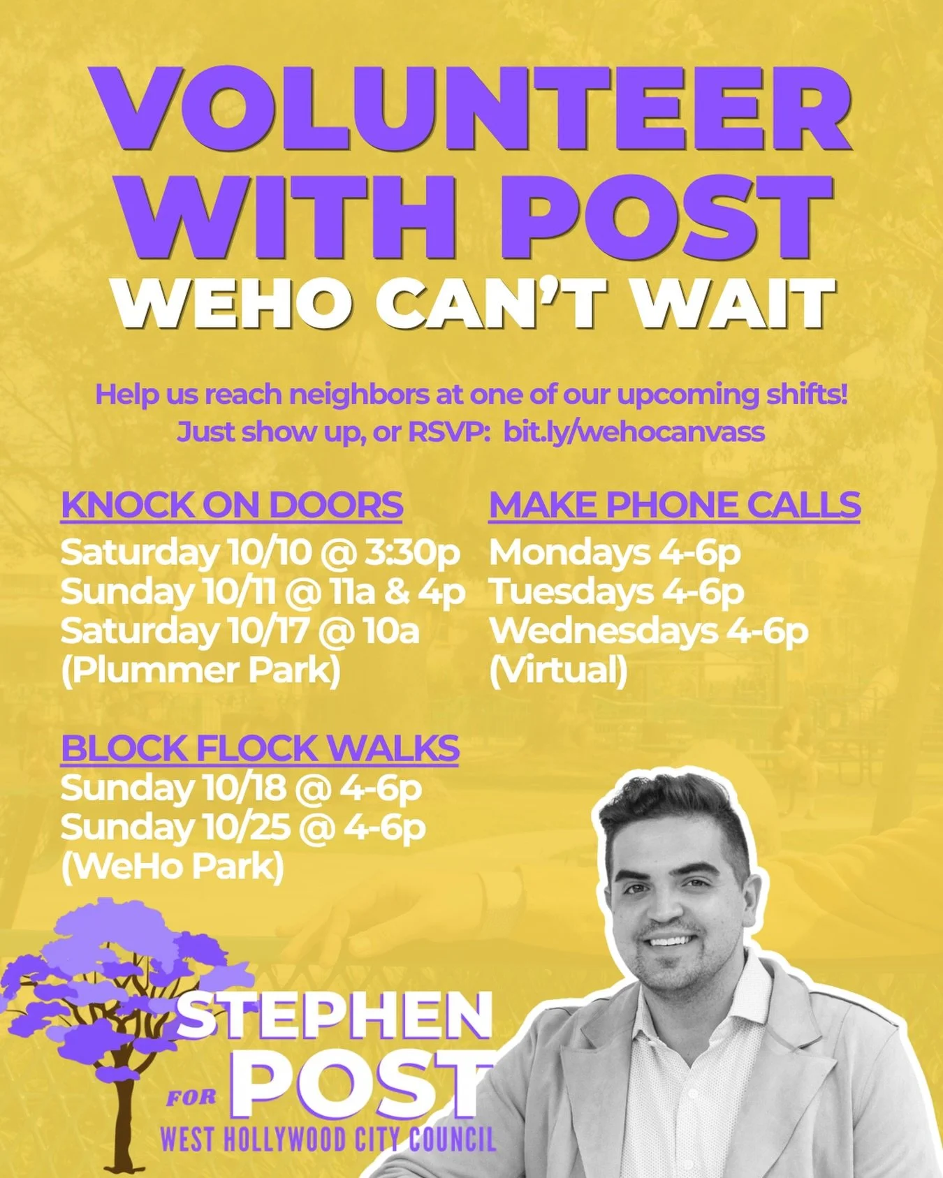 Come out this weekend to help us knock doors! Other opportunities to get involved through Election Day as well. 

We will train you on how to talk to voters about why #WeHoCantWait for Post!