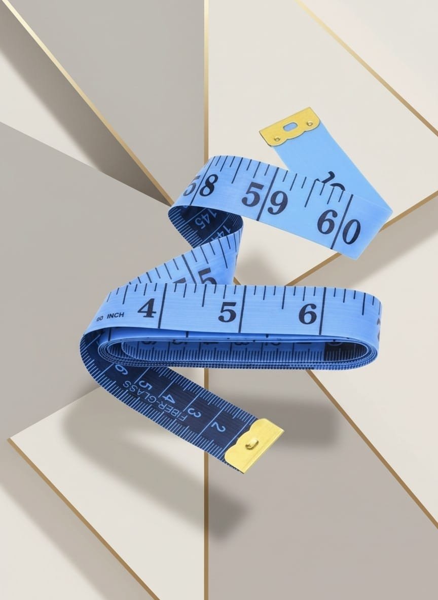 A blue measuring tape draped over a beige geometric background.
