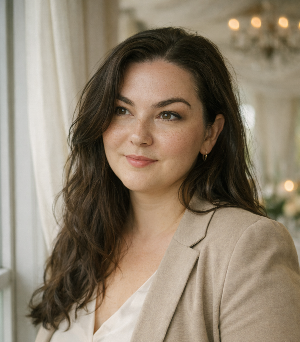 A young woman with long brown hair and light makeup, wearing a beige blazer and white top, standing indoors near a window with curtains. In the background, blurred chandelier lights and elegant decor can be seen.