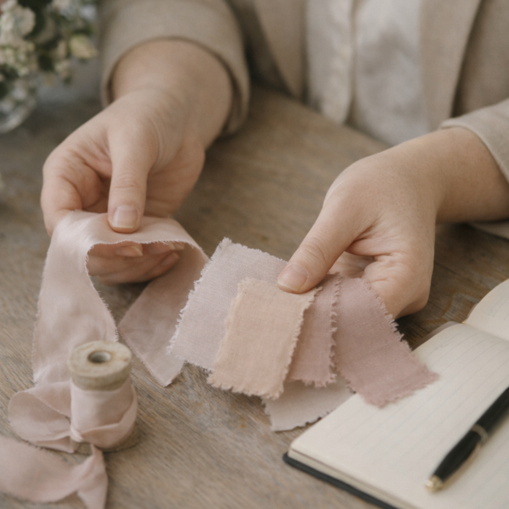Person holding fabric swatches in soft pastel pinks and beiges, with a spool of thread and a notebook with a pen on a wooden table.