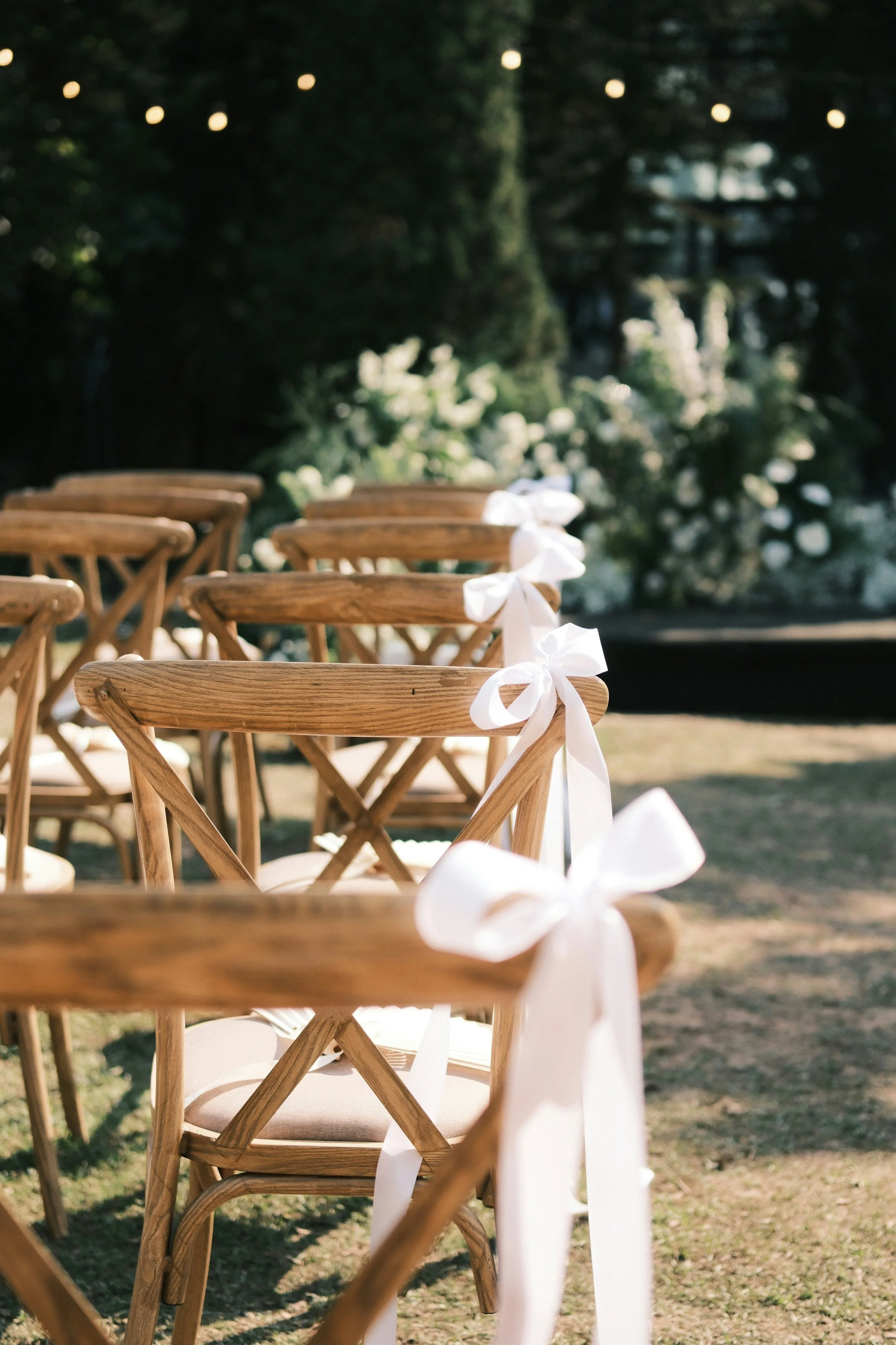 Row of wooden chairs with white ribbons tied on the side, set up outdoors for a wedding or event, with greenery and string lights hanging overhead.