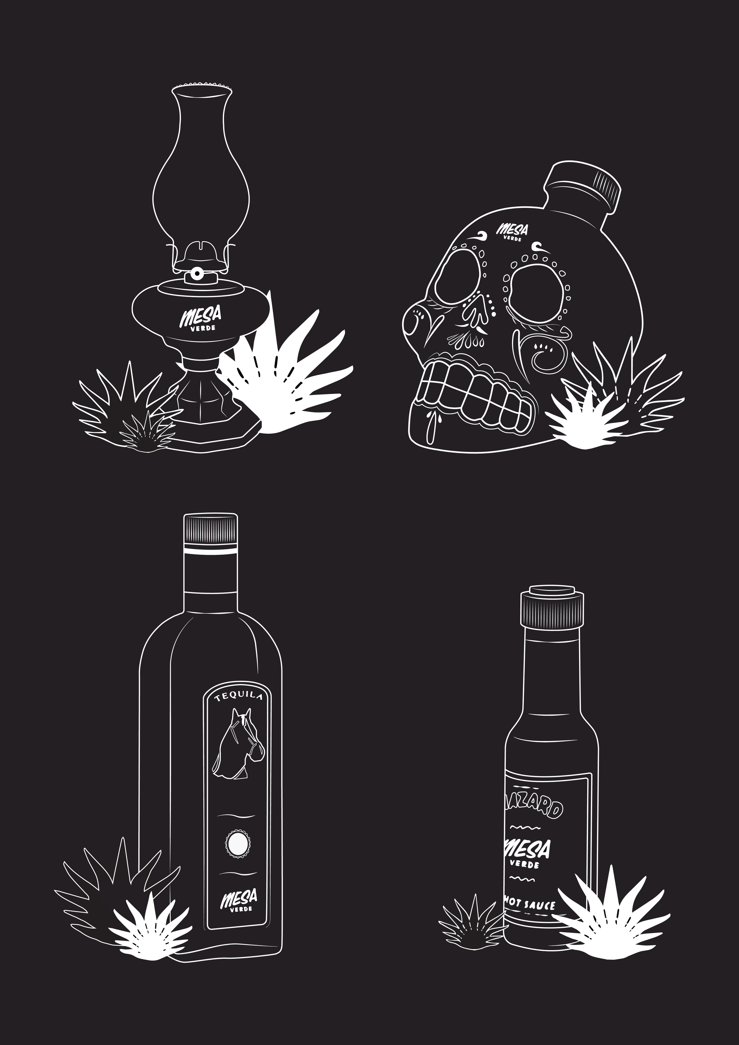 Line art illustration of a vintage lantern, a skull with a bottle cap, a tequila bottle, and a hot sauce bottle, all surrounded by desert plants on a black background.