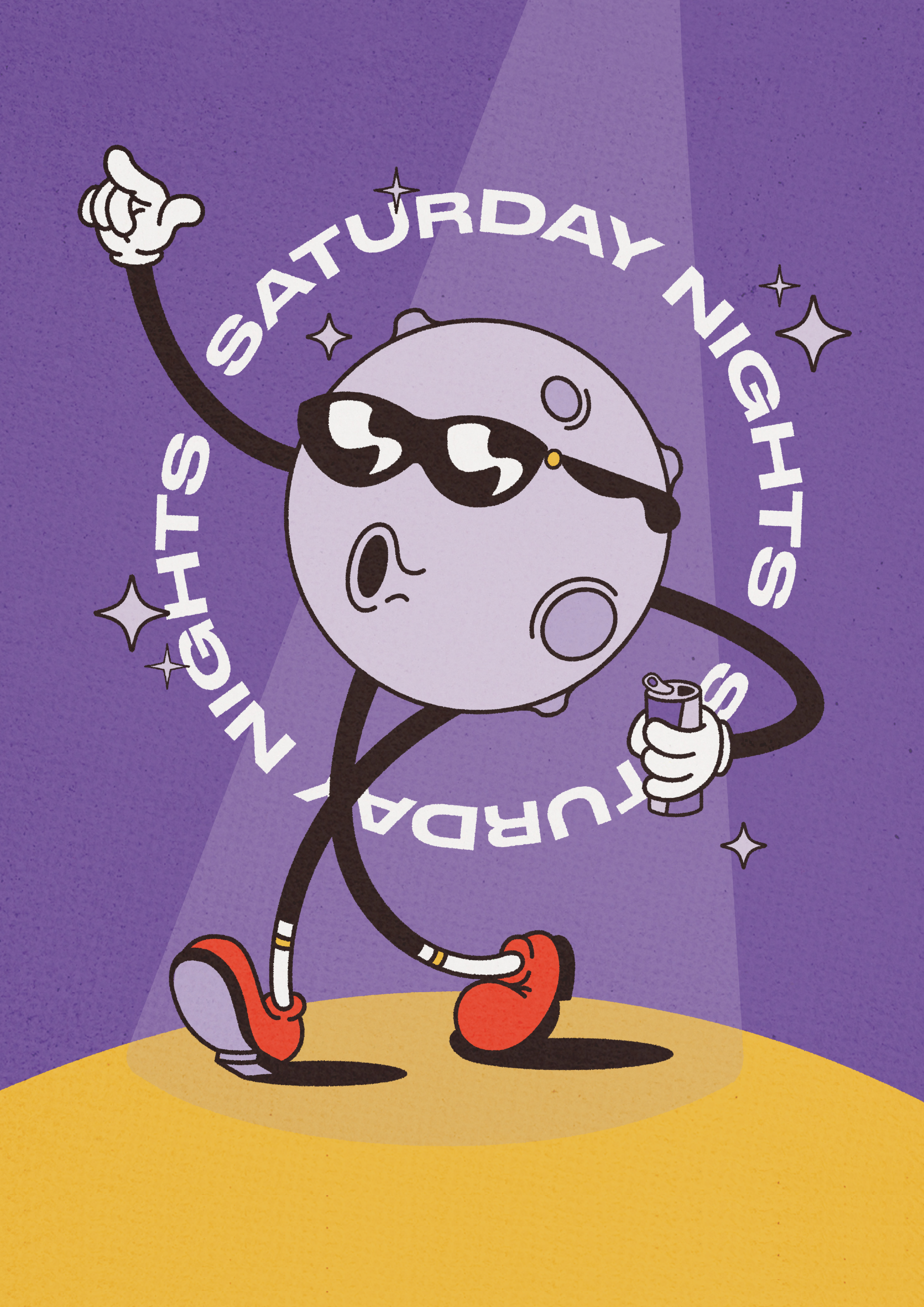 Cartoon character of a moon wearing sunglasses, red shoes, and holding a telescope, dancing on a yellow surface, with a purple background and circular text reading 'Saturday Night's Fura'.