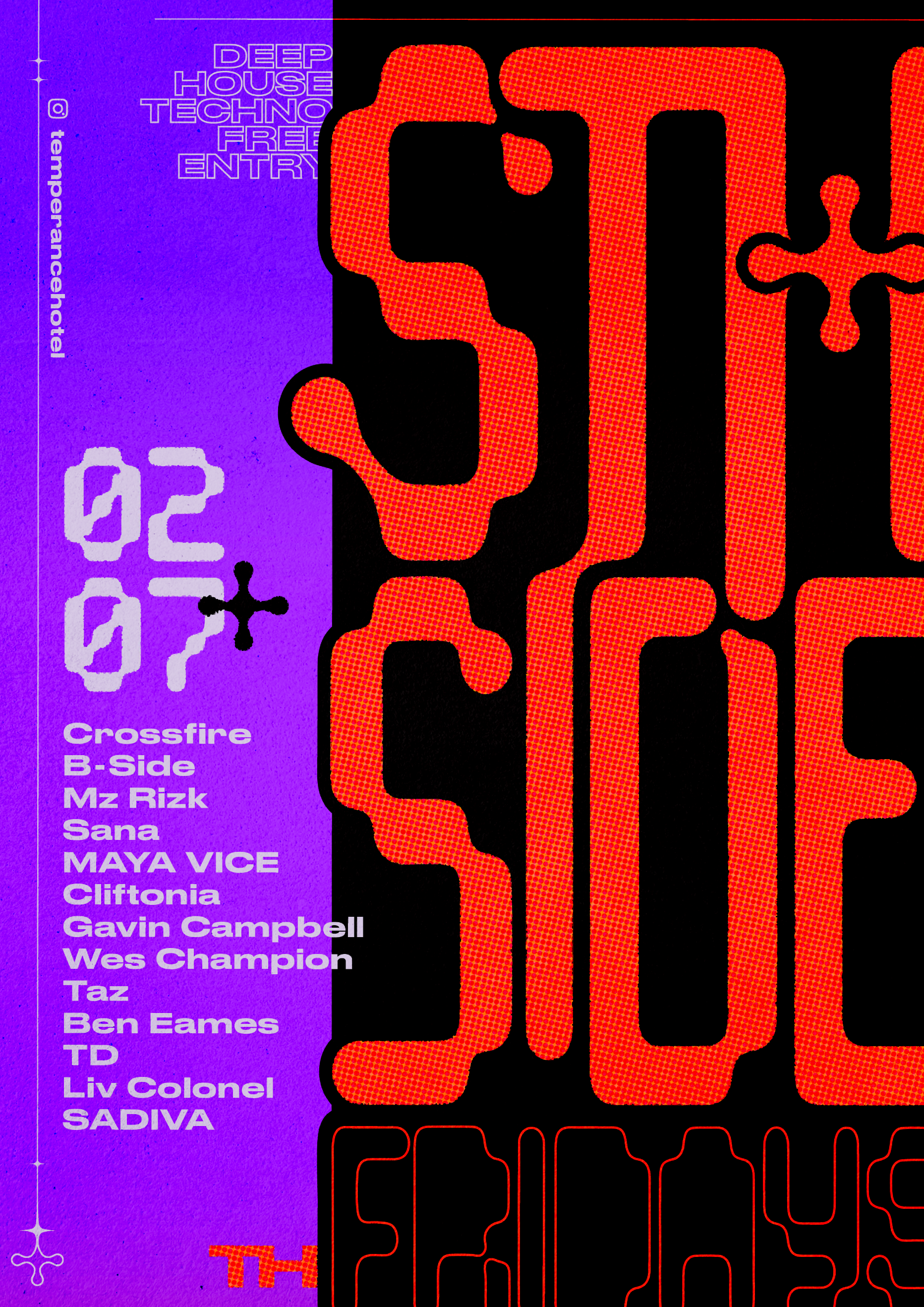 Event poster with a purple and black background, featuring bright neon-style text and a maze-like design in red. The poster lists music artists and details about a music event, including dates and free entry, with a note about the DJ lineup and other