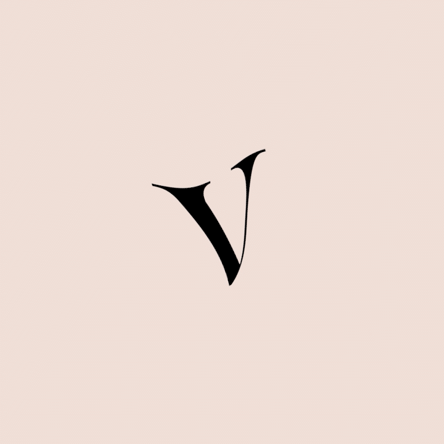 Stylized black letter V on a light pink background.