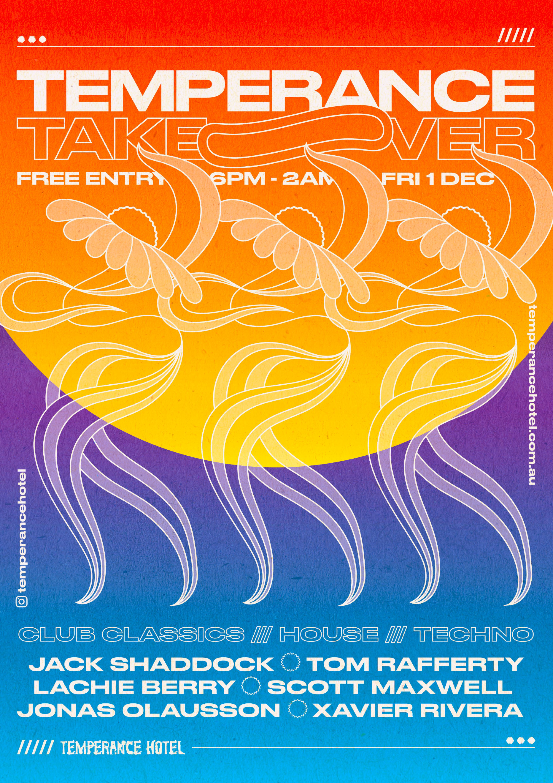 Colorful promotional poster for a music event, featuring an orange to purple gradient background with abstract white line art of jellyfish. The event is called 'Temperance Takeover,' happening from 6 PM to 2 AM on Friday, December 1st, with free entr