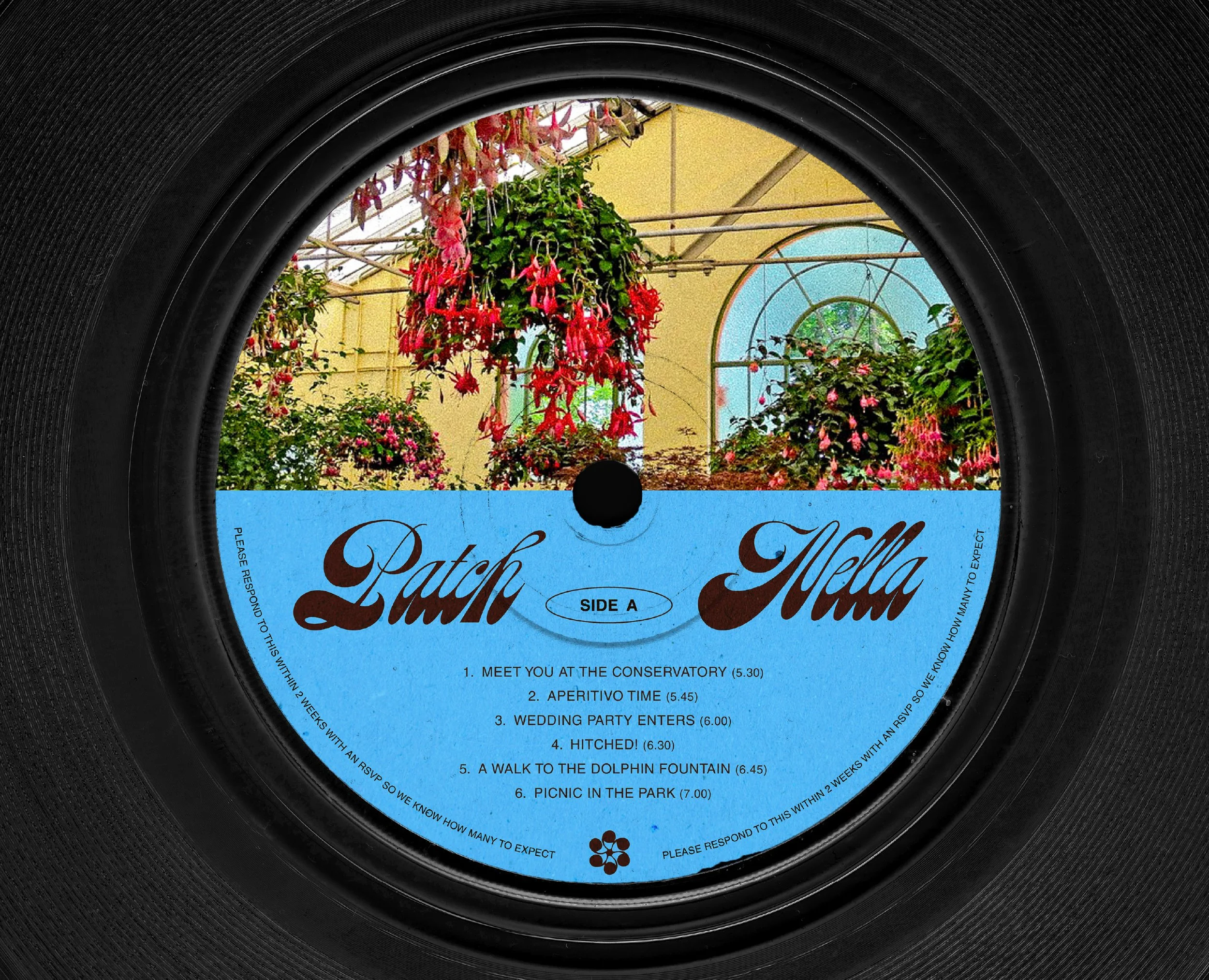 A close-up of a vinyl record with a blue label, featuring a photo of a conservatory filled with pink and red flowers and greenery in the background.