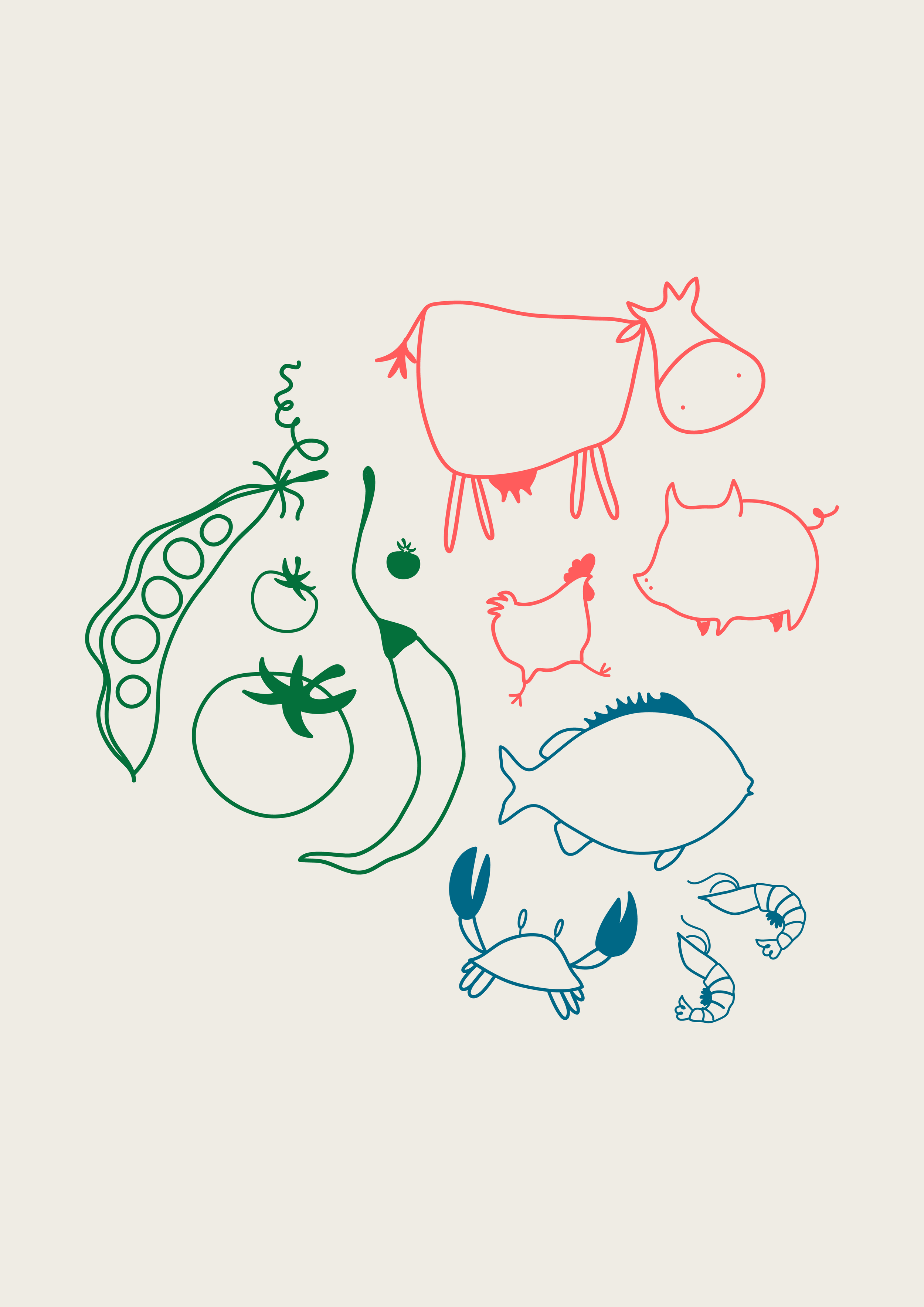 Line drawing of farm animals, vegetables, and seafood on a light background, including a cow, pig, chicken, fish, crab, shrimp, pea pod, tomato, cucumber, and pea.