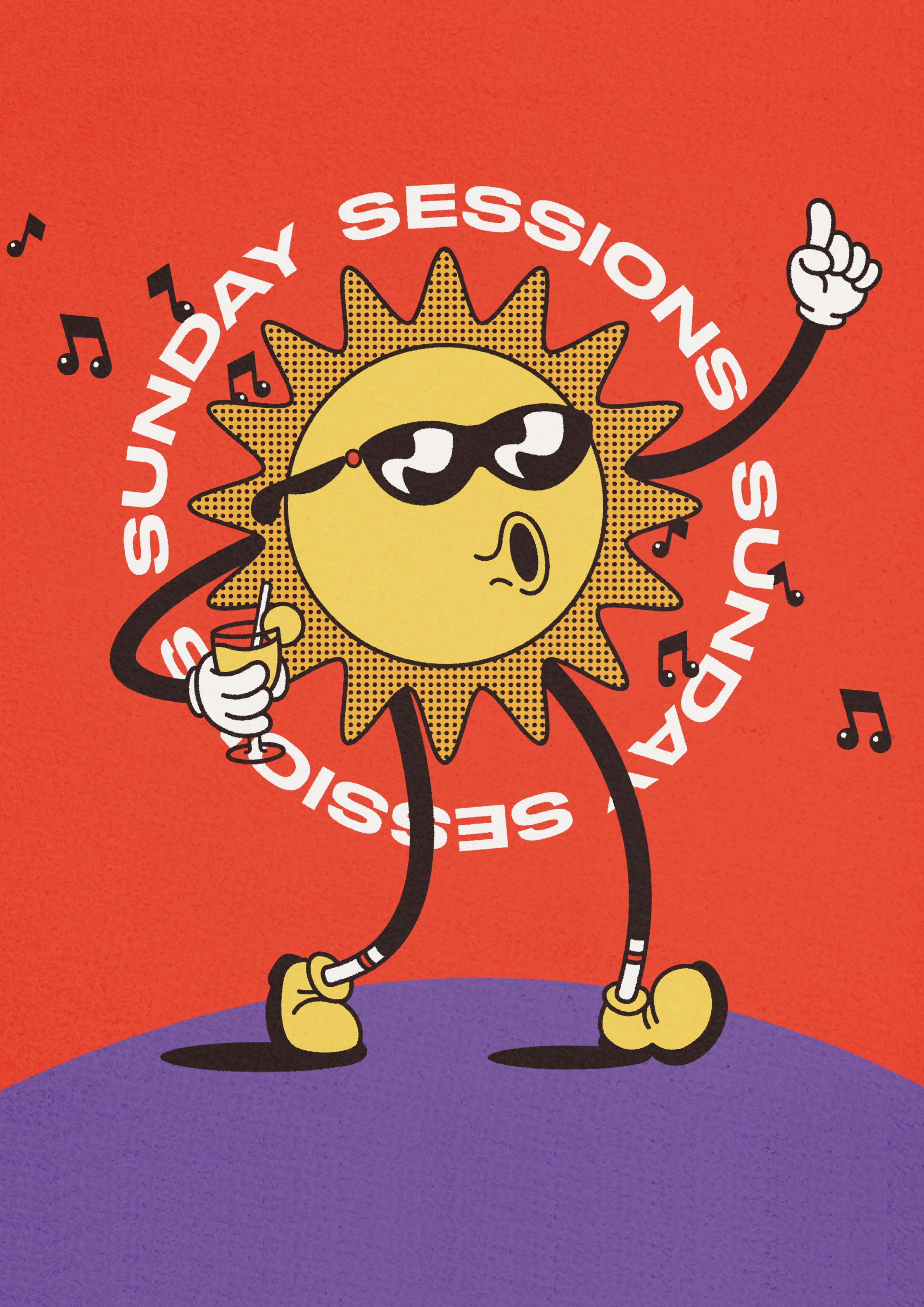 Cartoon sun wearing sunglasses, holding a drink with a straw, dancing with one arm raised, surrounded by musical notes, with the words 'SUNDAY SESSIONS' in a circular pattern around it, on a red background.