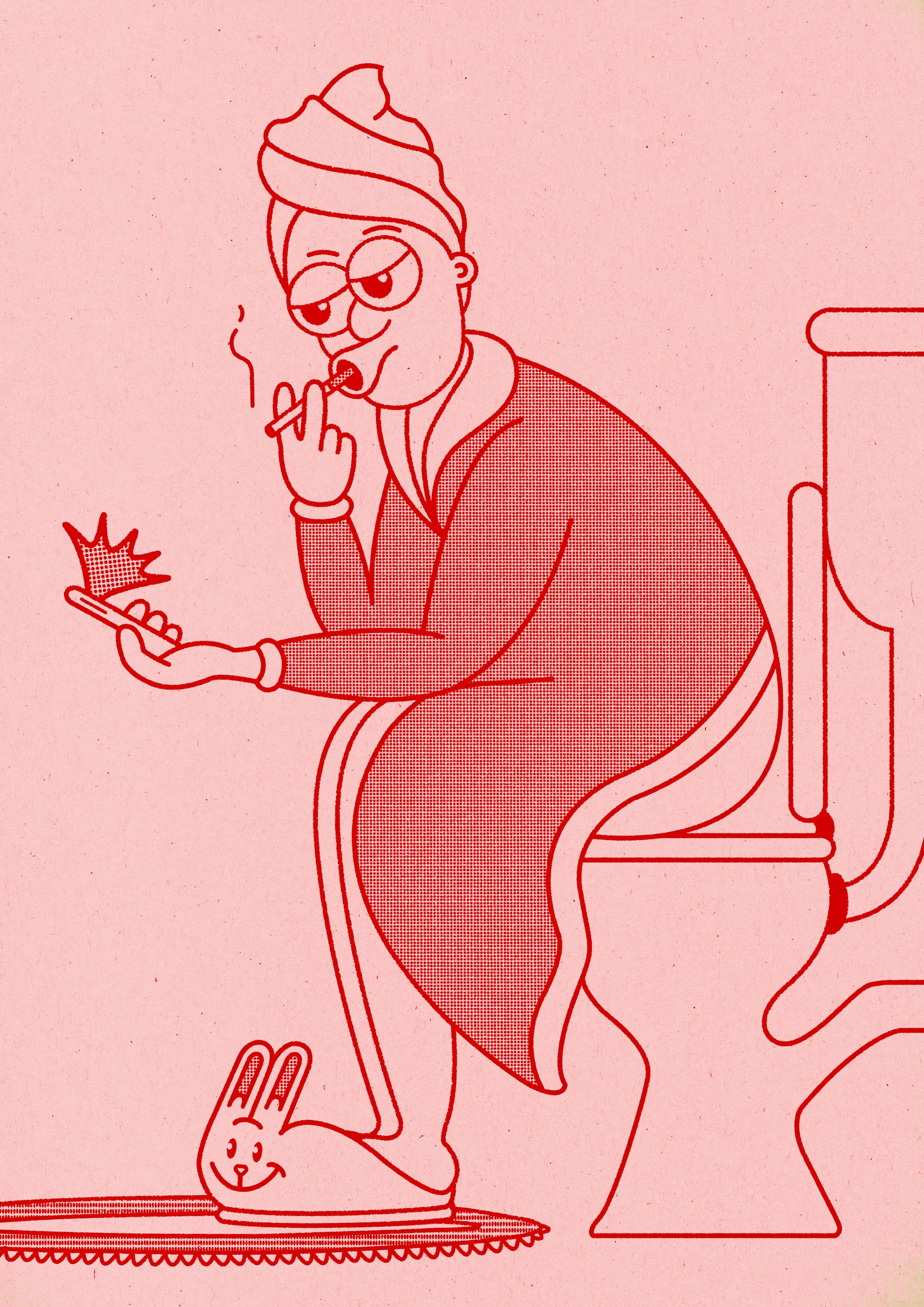 Cartoon of a woman sitting on a toilet, smoking a cigarette, looking at her phone, wearing bunny slippers, with an expression of boredom or disinterest.