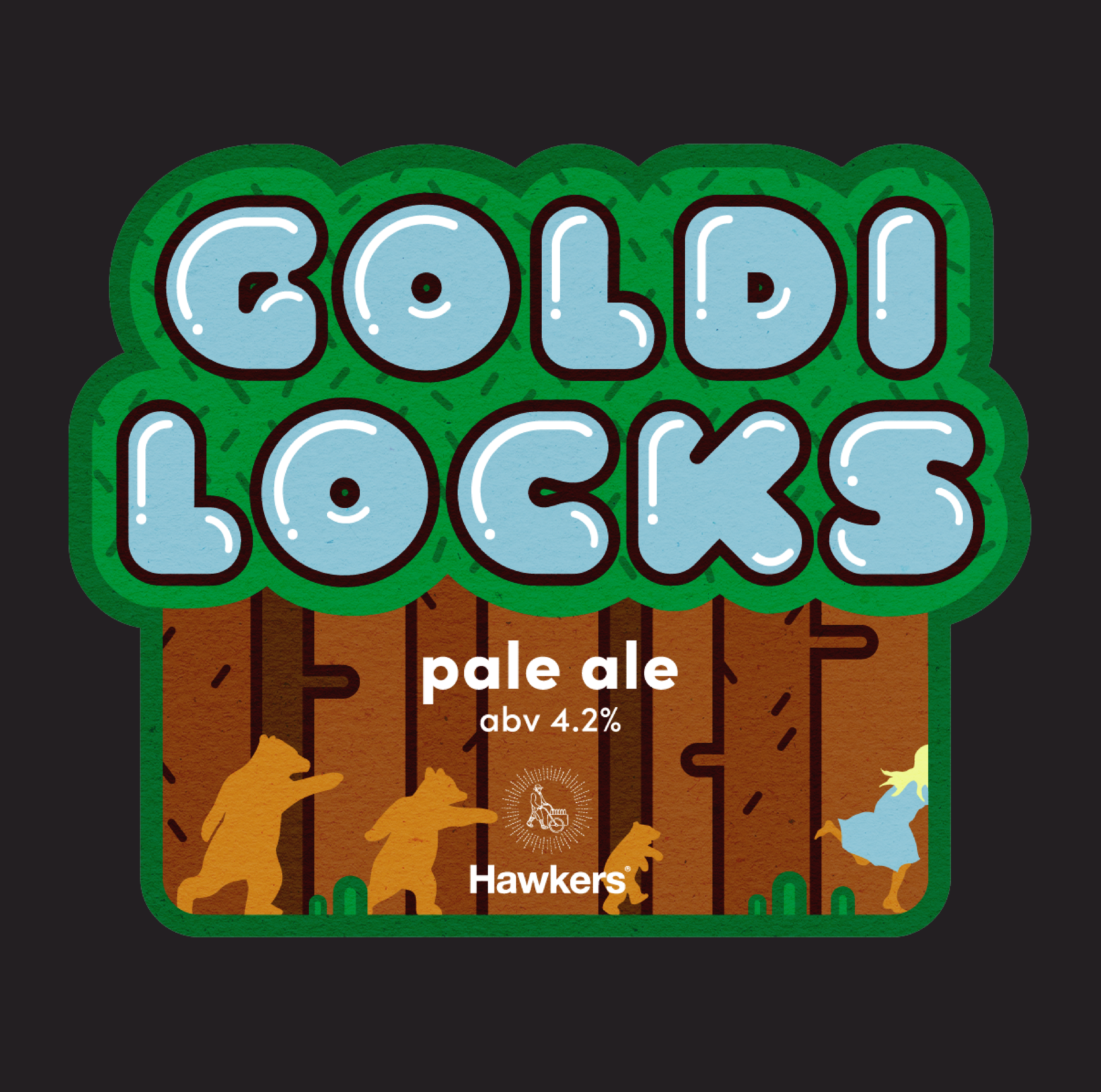 A graphic design showing the words "Cold Locks" in large bubble letters, with a small section below advertising a pale ale beer with 4.2% alcohol by volume called "Hawkers," featuring stylized illustrations of bears and a bird in a forest scene.