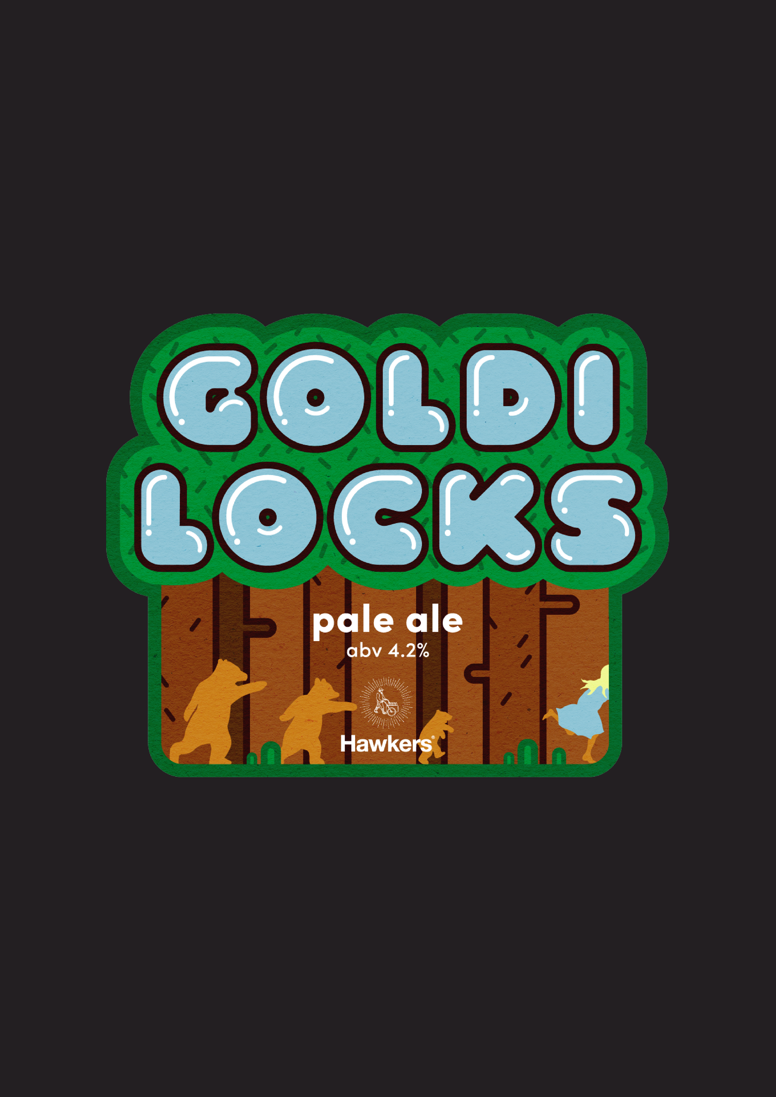 A graphic design label for Cold Locks Pale Ale featuring stylized ice block text and a forest scene with bears and a woman in a blue dress.