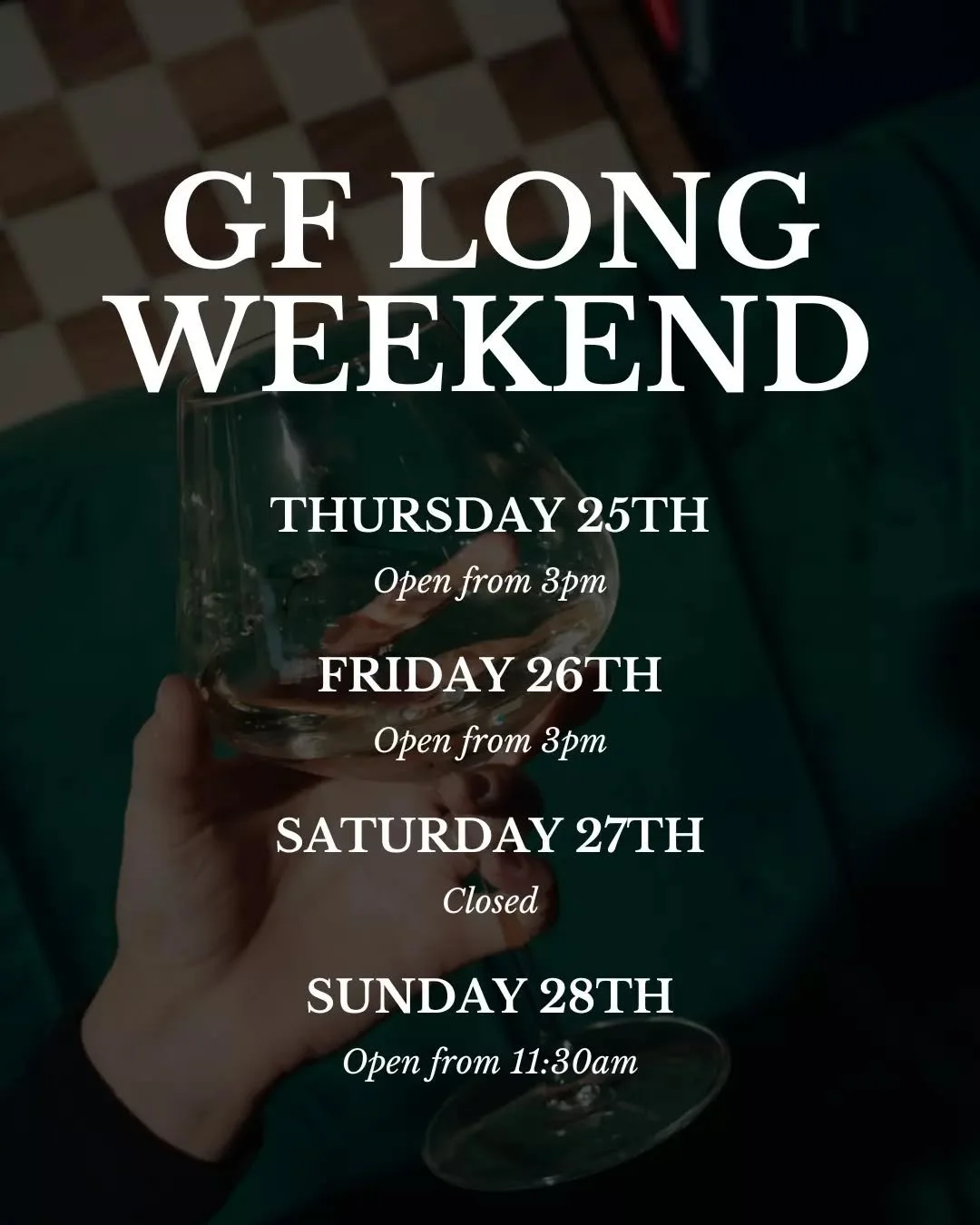 Hey folks, just a quick one to let you know our hours for Grand Final weekend. We&rsquo;ll be open from 3pm on Thursday and Friday, taking Saturday off to enjoy the big game, then back from 11:30am on Sunday. Hope to see you over the weekend.

Want t