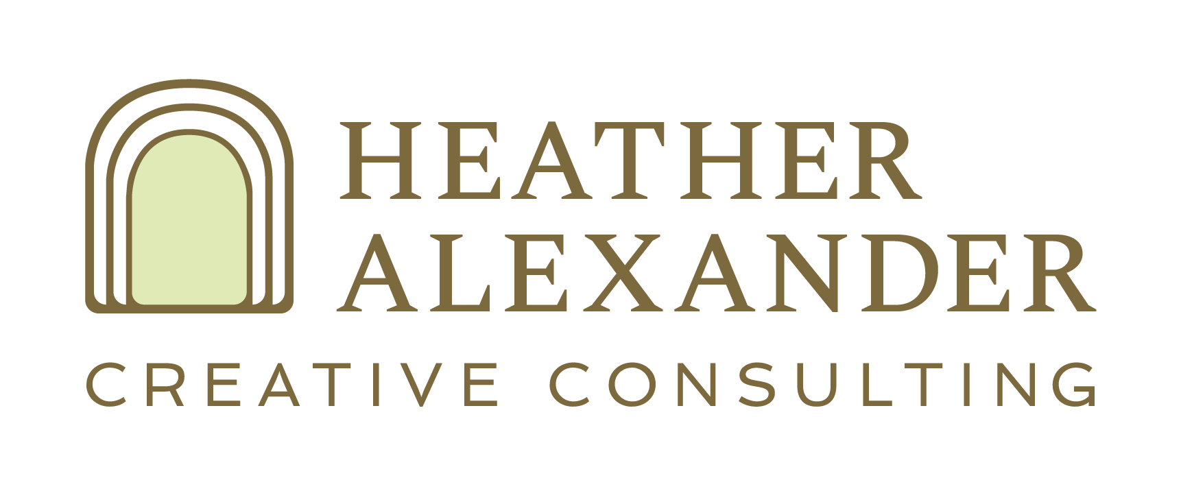 Heather Alexander Creative Consulting logo featuring a stylized window with multiple arches and the text 'Heather Alexander Creative Consulting' in brown and green colors.