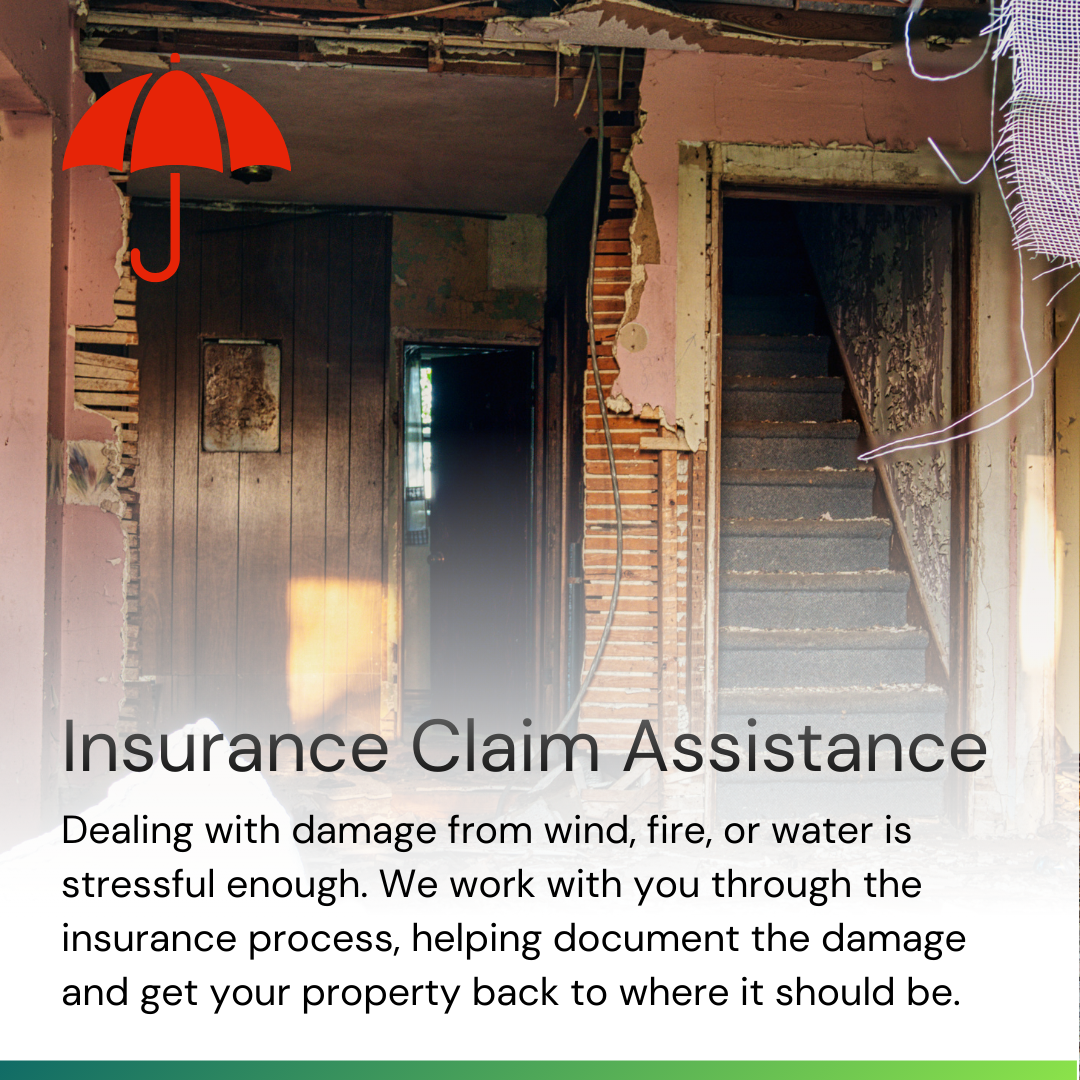 Damaged interior of a house showing crumbling walls, exposed staircase, and debris, with a red umbrella icon in the top left corner.