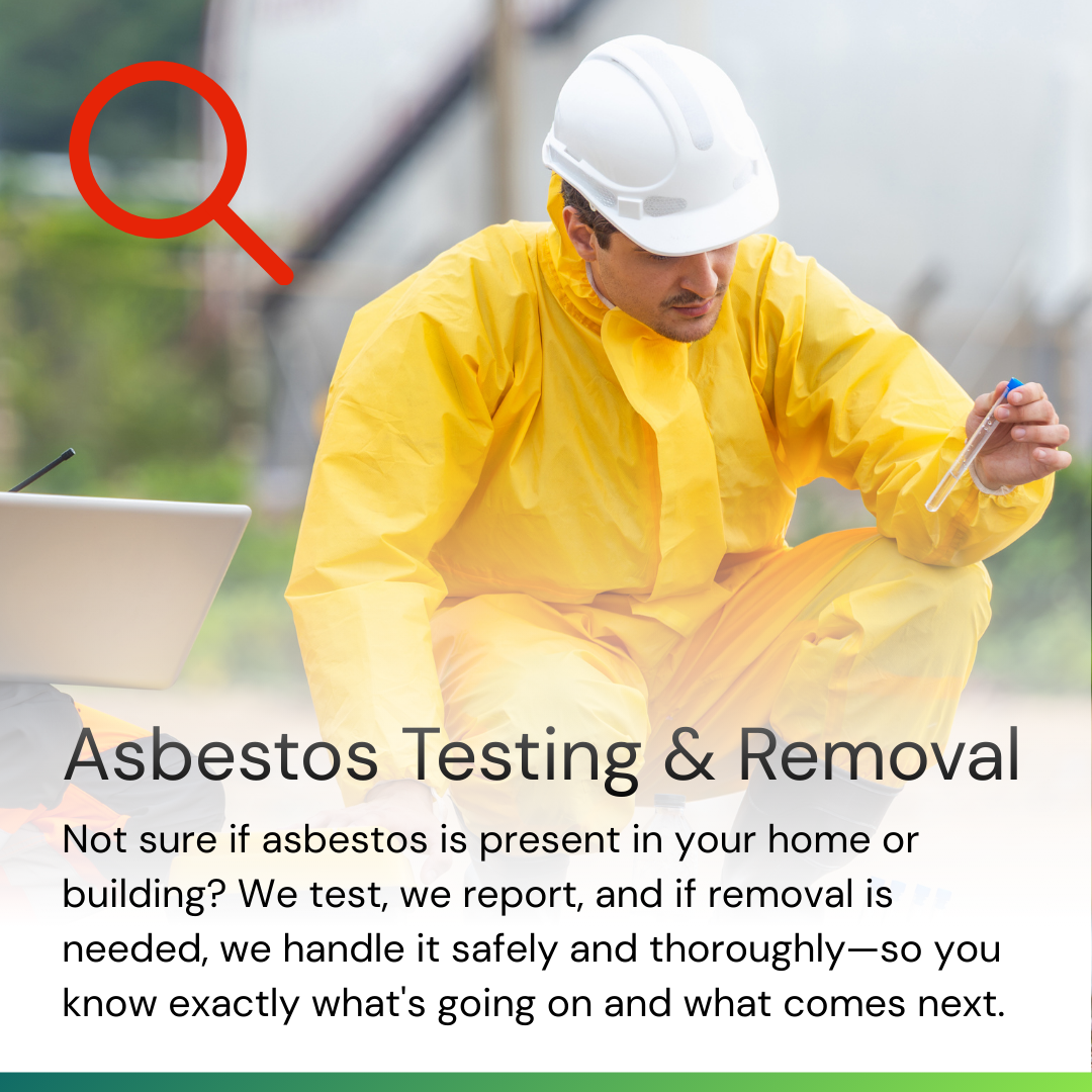 A man wearing a yellow protective suit and white safety helmet conducting asbestos testing outdoors, with a caution magnifying glass icon in the background and a laptop nearby.