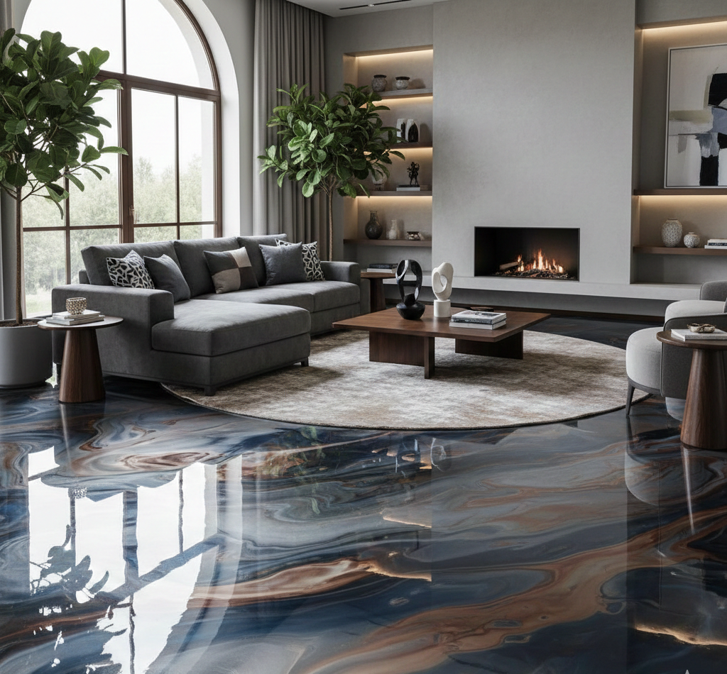 Modern living room with large arched window, gray sofa with decorative pillows, a round rug, a wooden coffee table with sculptures, and a fireplace built into a wall with shelves and art, polished marble floor reflecting the room.