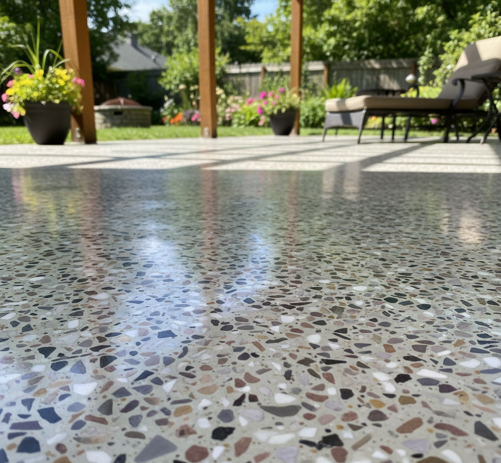View of an outdoor patio with a polished, speckled concrete floor, patio furniture, potted plants, and a fenced backyard with trees and greenery.