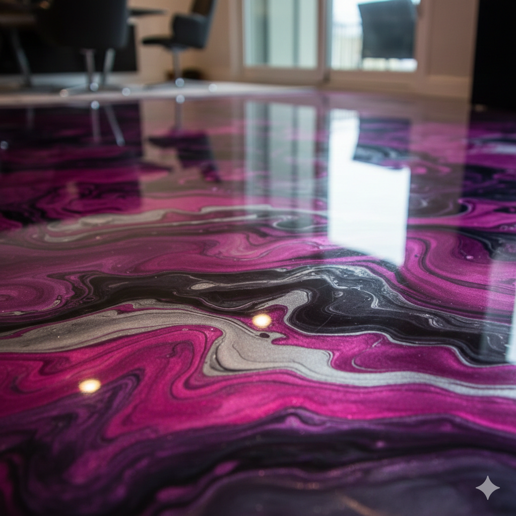 Close-up of a glossy, swirling pink, black, and white marble pattern on a polished surface in an interior space with chairs and a glass door in the background.