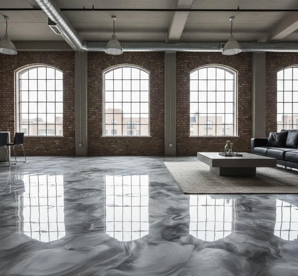 Modern loft with large arched windows, polished marble floors with reflectivity, brick walls, and minimalist furniture including a black leather sofa and a white coffee table on a beige rug.