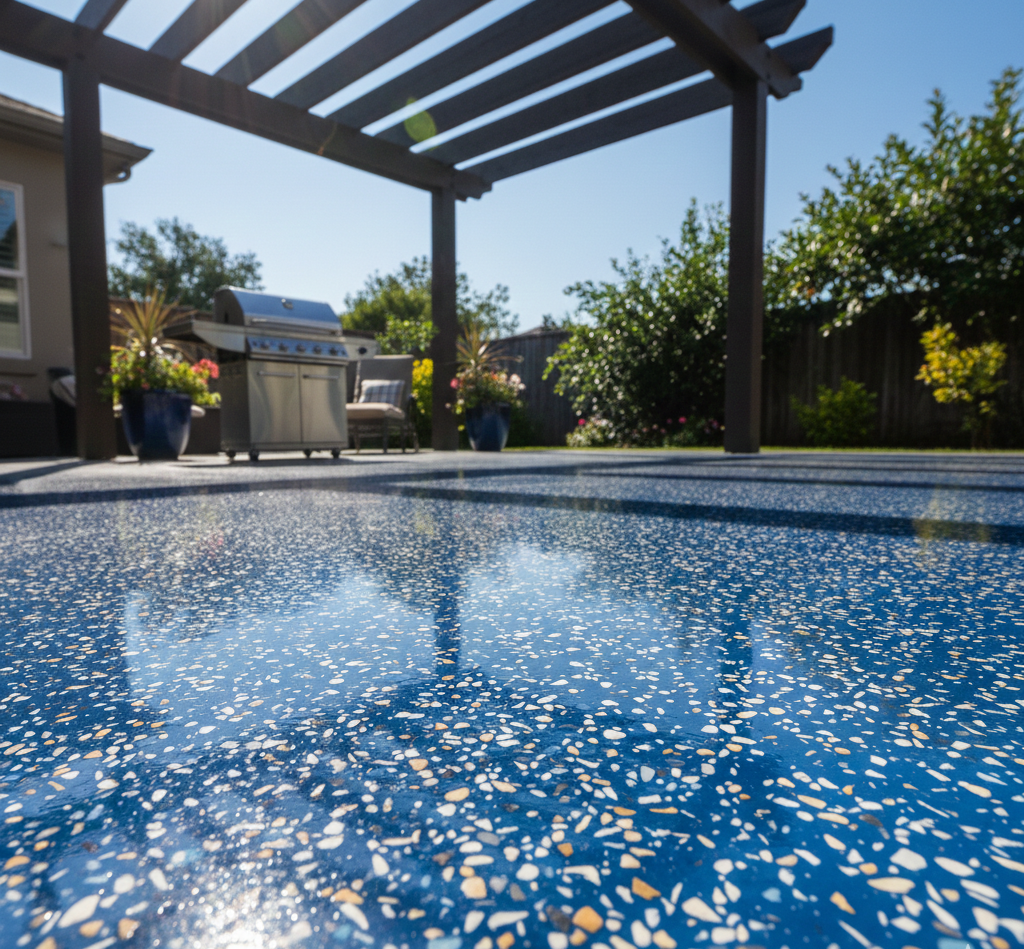 Backyard patio with blue speckled concrete floor, a pergola with black beams, a stainless steel grill, potted plants, outdoor seating, and green trees under a clear blue sky.