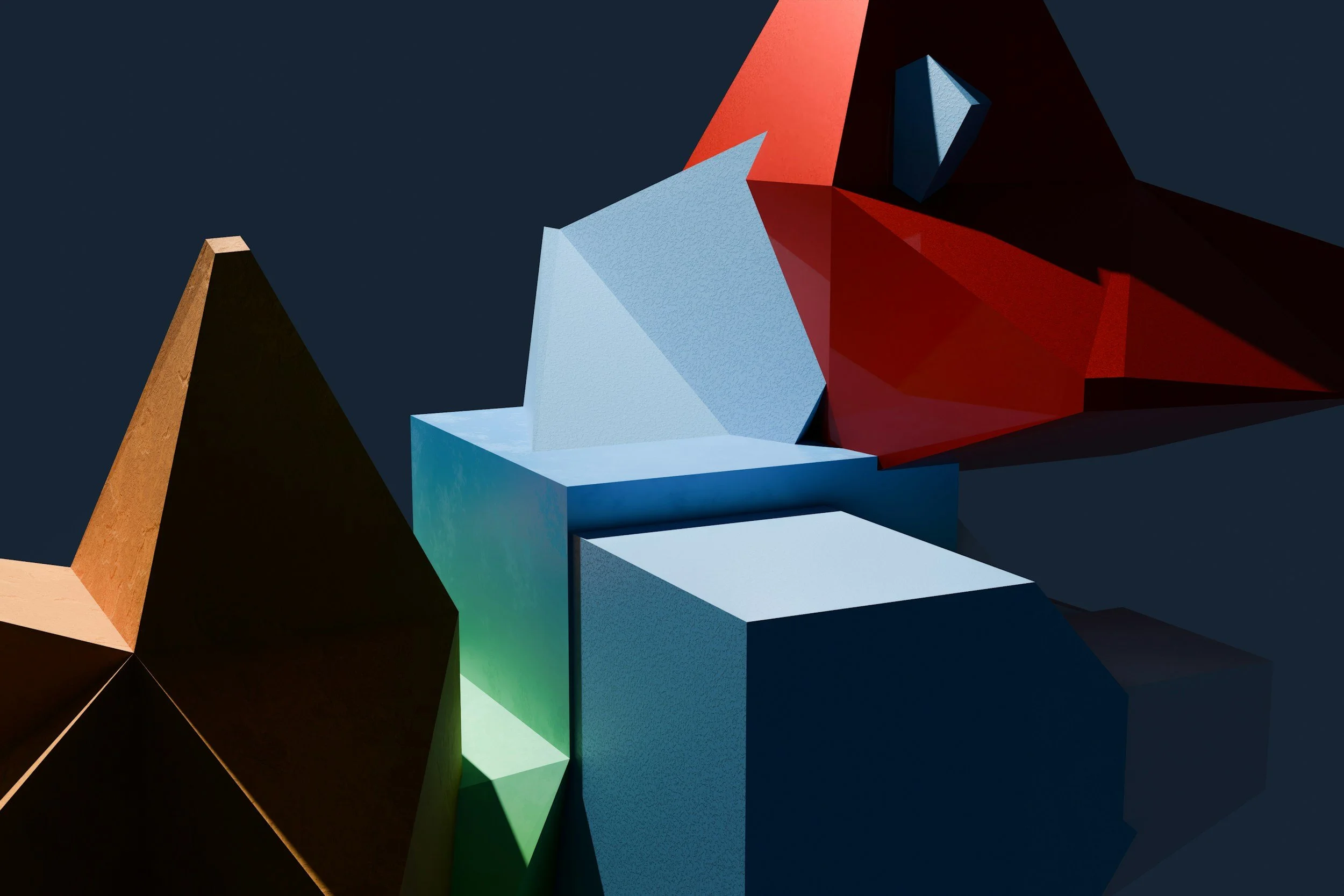 Abstract geometric sculpture with colorful angular shapes against a dark background.